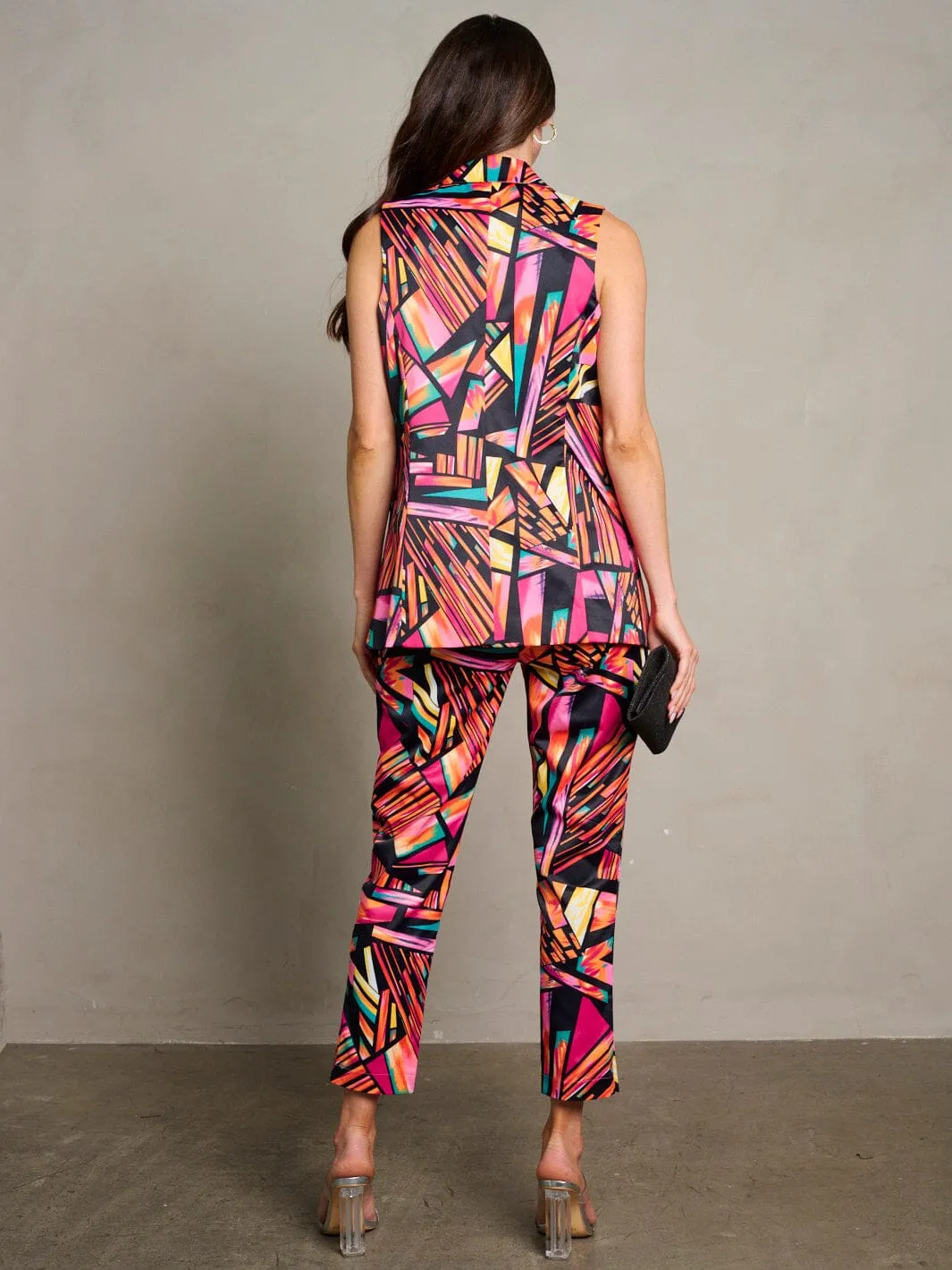 WOMEN'S BUTTON CLOSURE POCKETS BELTED MULTI PRINT PANTS
