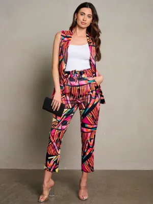 WOMEN'S BUTTON CLOSURE POCKETS BELTED MULTI PRINT PANTS