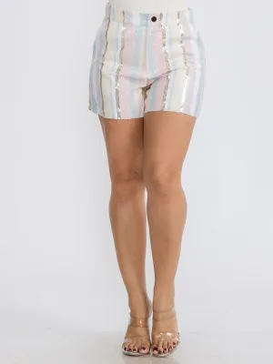 WOMEN'S BUTTON CLOSURE POCKETS COLORBLOCK SEQUINS MINI SHORT