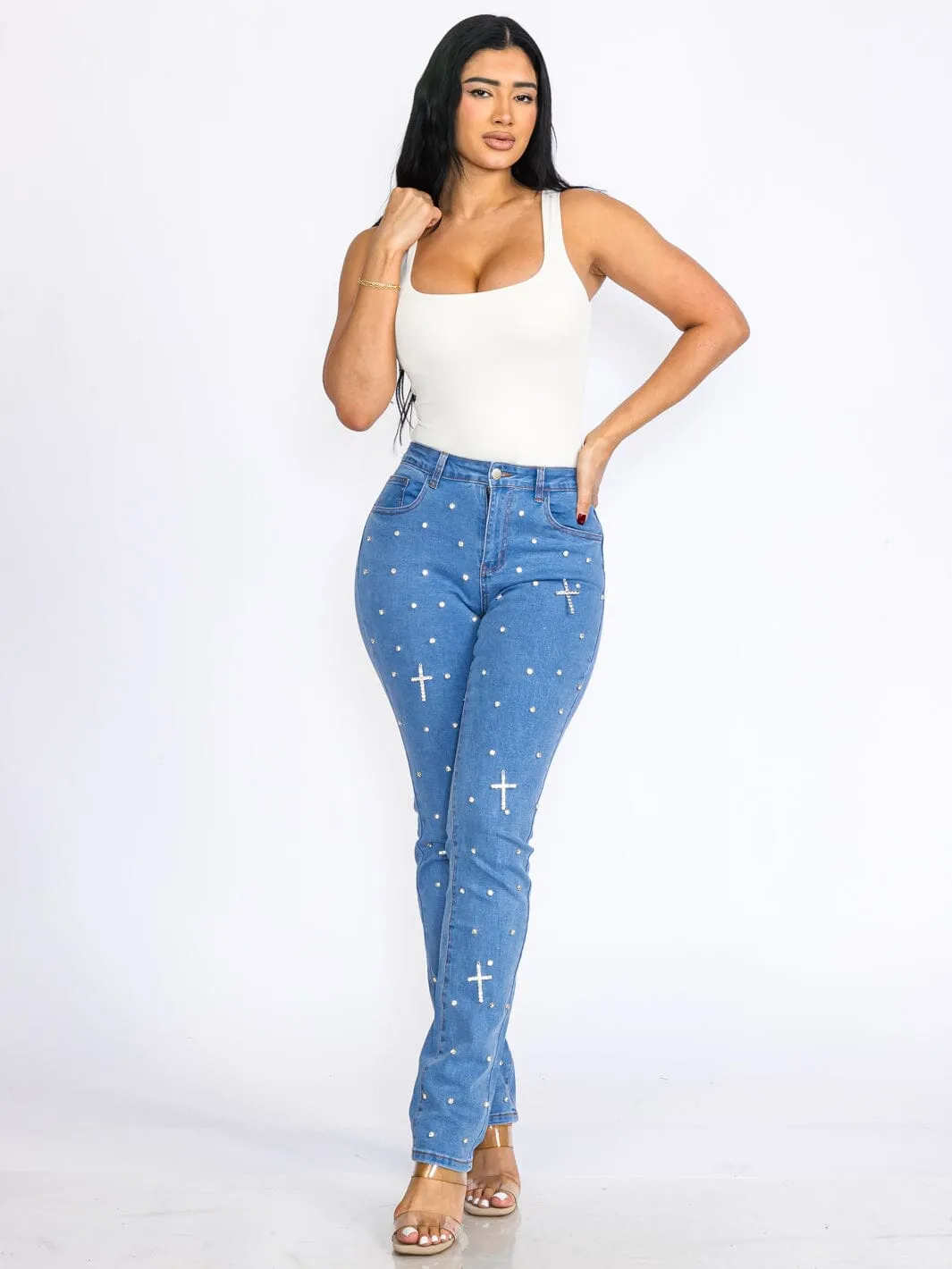 WOMEN'S BUTTON CLOSURE POCKETS CROSS STRETCH DENIM SKINNY JEANS