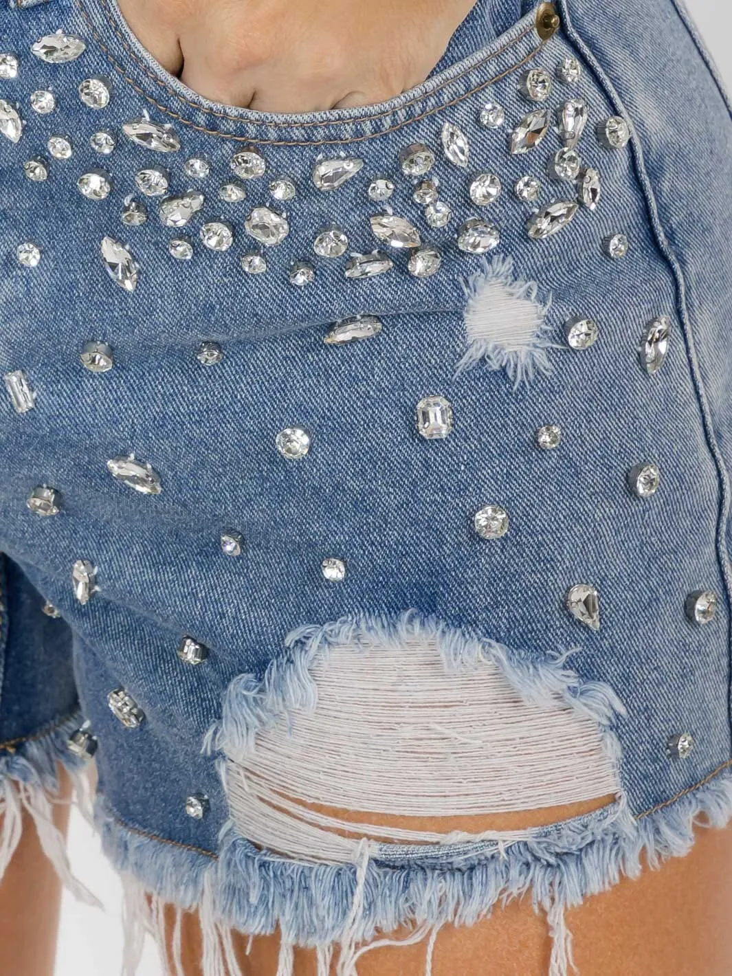 WOMEN'S BUTTON CLOSURE POCKETS DISTRESS STUDS DENIM MINI SHORTS