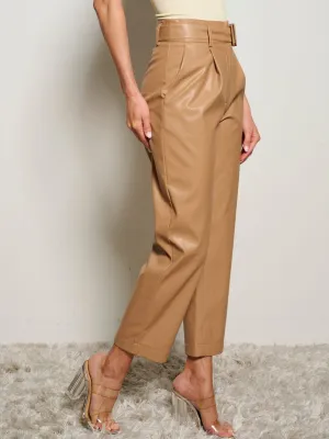WOMEN'S BUTTON CLOSURE POCKETS FRONT BELT PU PLEATHER WIDE LEG PANTS