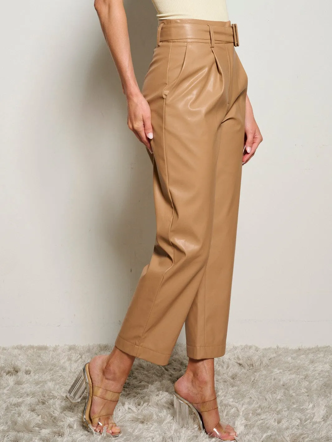 WOMEN'S BUTTON CLOSURE POCKETS FRONT BELT PU PLEATHER WIDE LEG PANTS