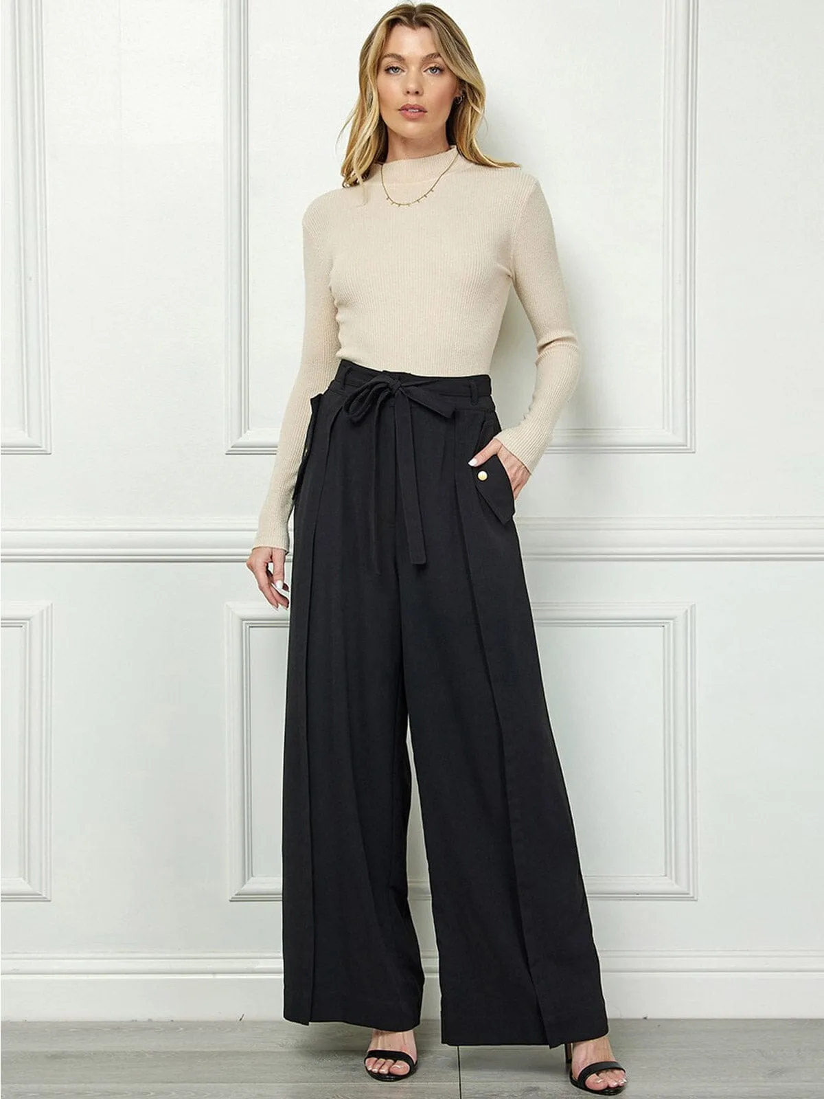 WOMEN'S BUTTON CLOSURE POCKETS PALAZZO PANTS