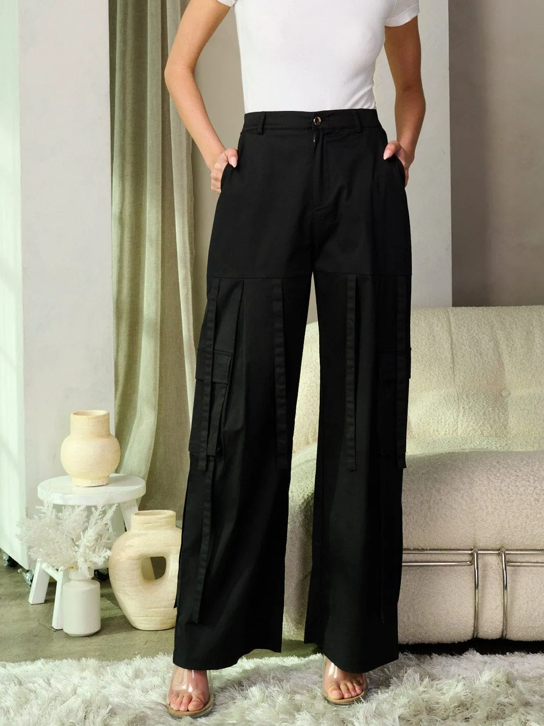 WOMEN'S BUTTON CLOSURE POCKETS WIDE LEG PANTS