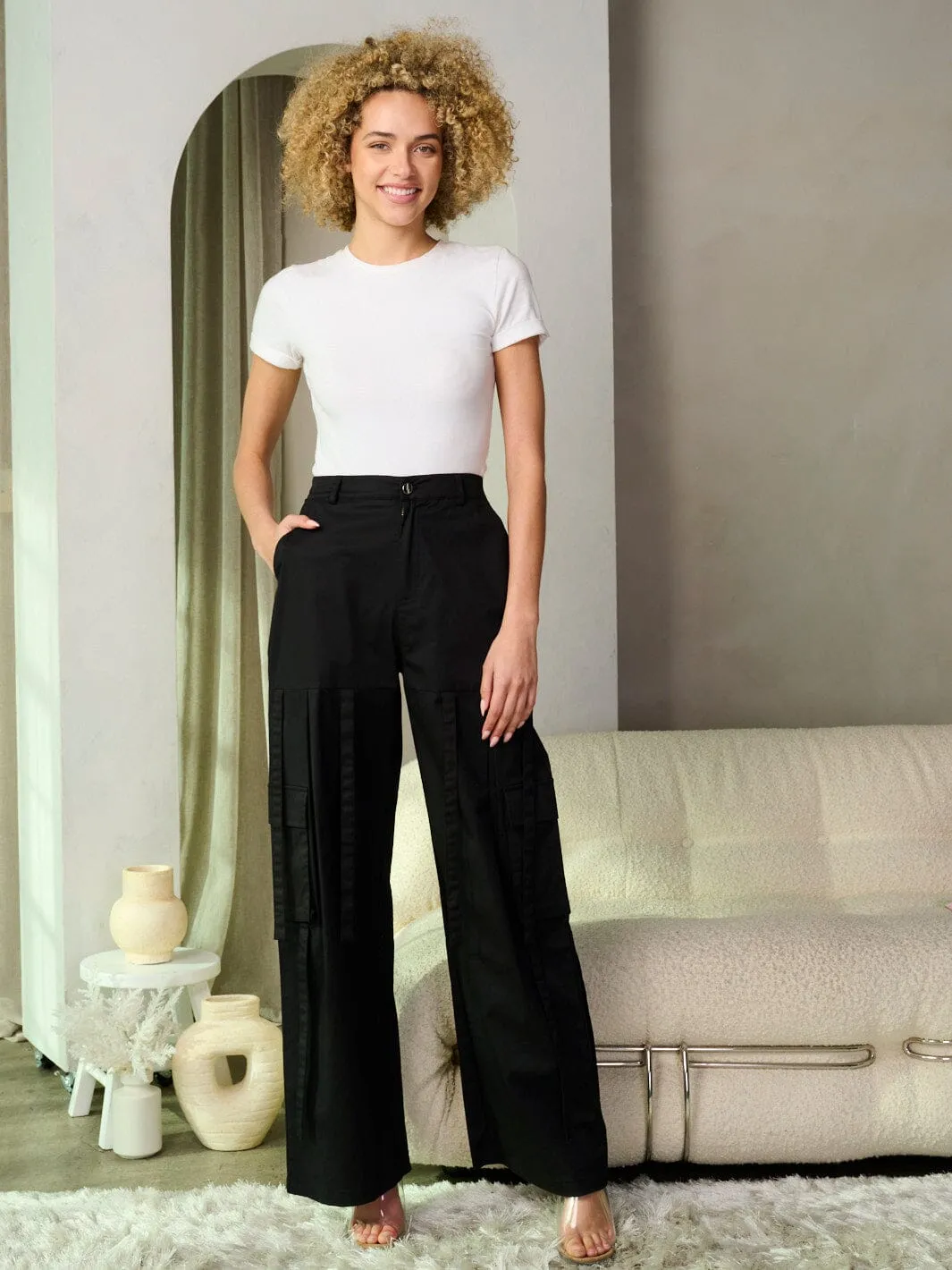 WOMEN'S BUTTON CLOSURE POCKETS WIDE LEG PANTS