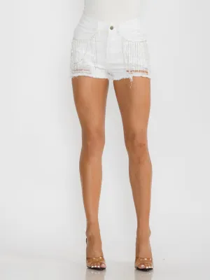WOMEN'S BUTTON CLOSURE STUDS FRINGE POCKETS DISTRESS DENIM MINI SHORTS