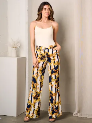 WOMEN'S BUTTON CLOSURE WIDE LEG MULTI PRINT PANTS
