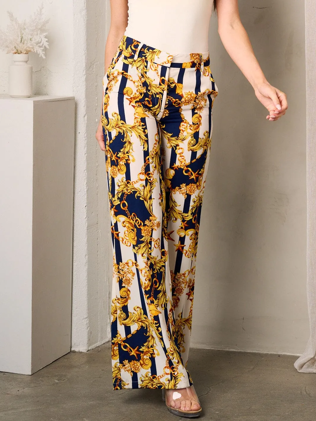 WOMEN'S BUTTON CLOSURE WIDE LEG MULTI PRINT PANTS