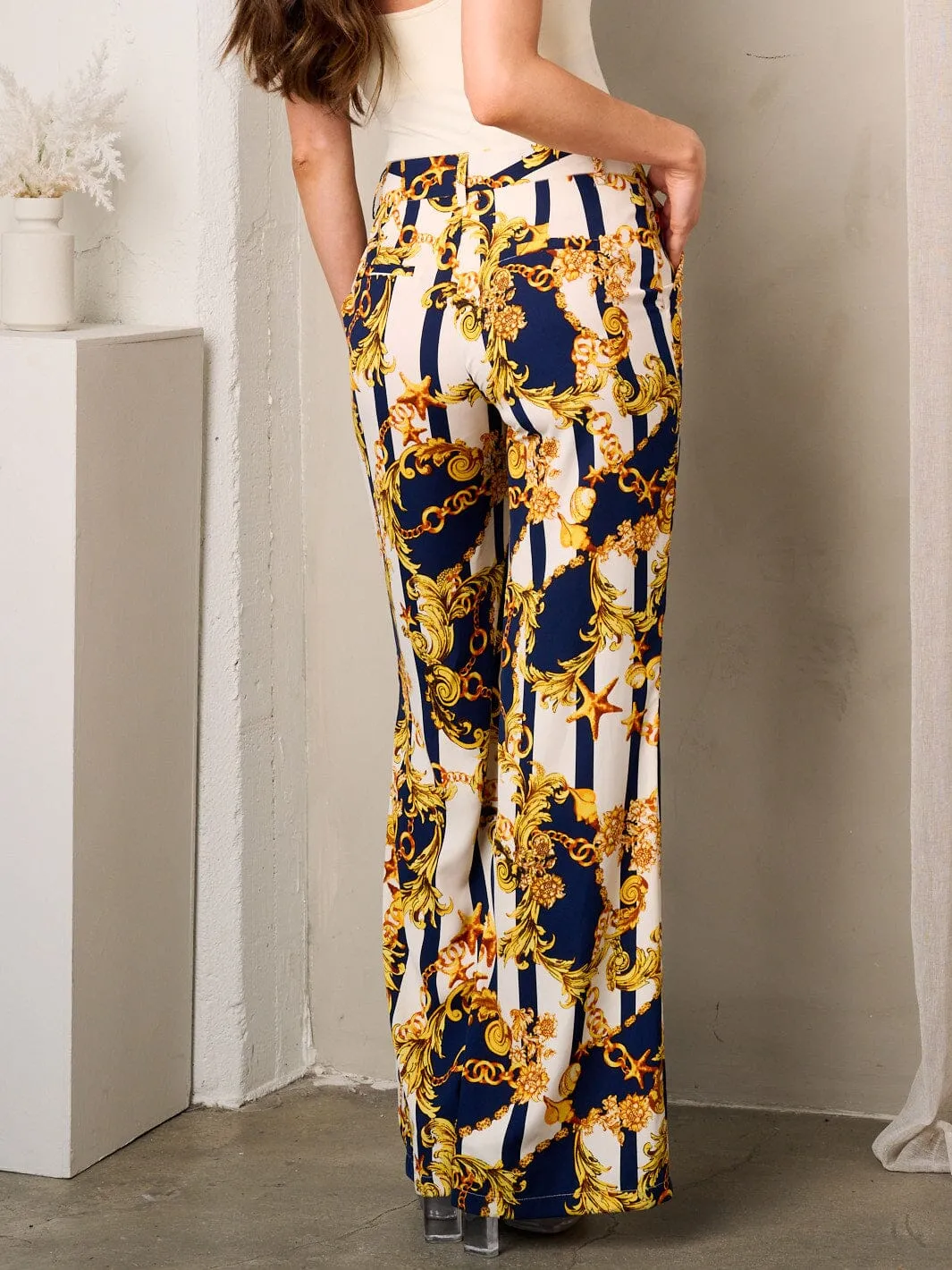 WOMEN'S BUTTON CLOSURE WIDE LEG MULTI PRINT PANTS