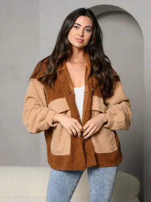 WOMEN'S COLAR BUTTON DOWN FUZZY COLOR BLOCK LONG SLEEVE JACKET