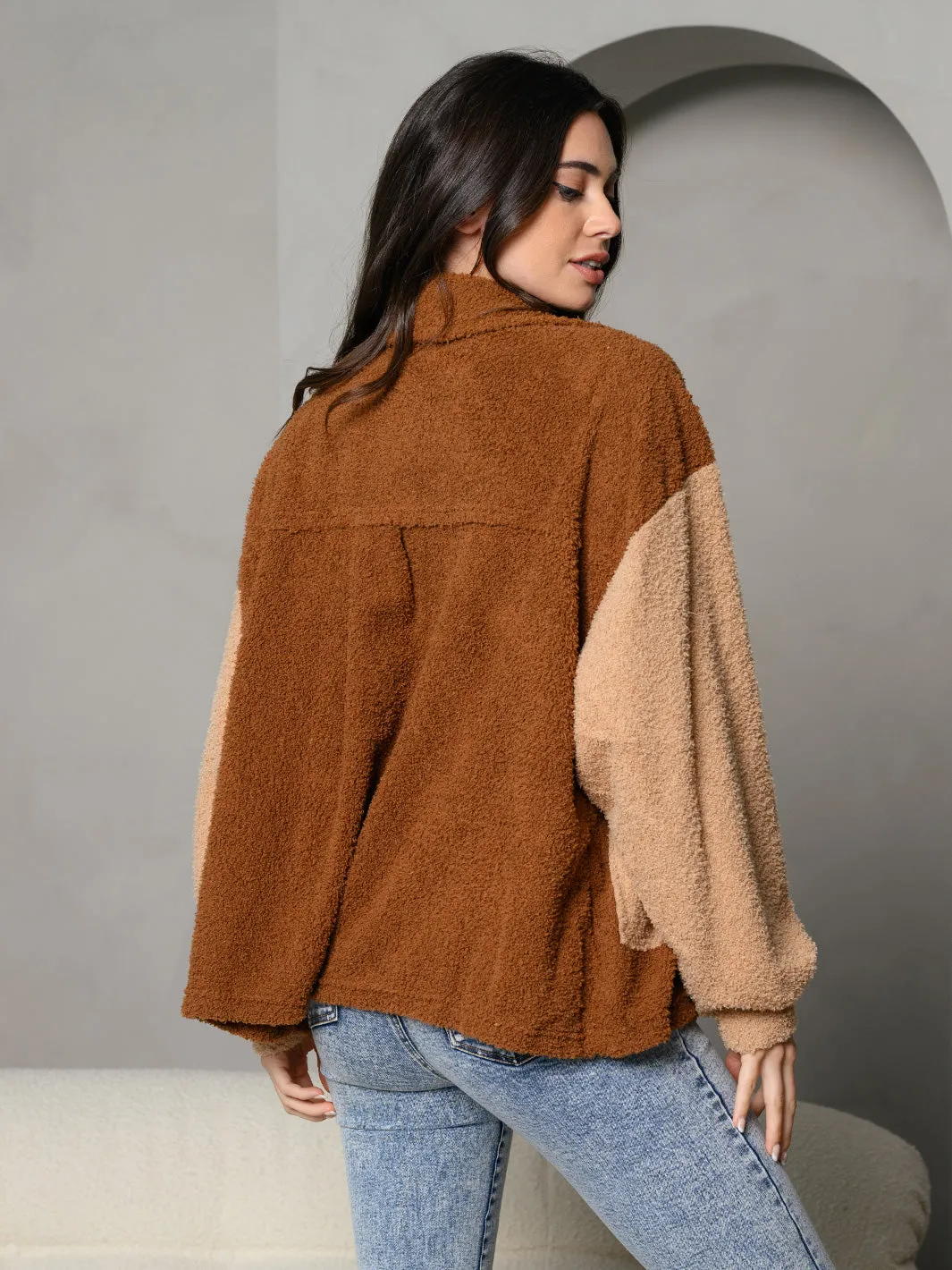 WOMEN'S COLAR BUTTON DOWN FUZZY COLOR BLOCK LONG SLEEVE JACKET