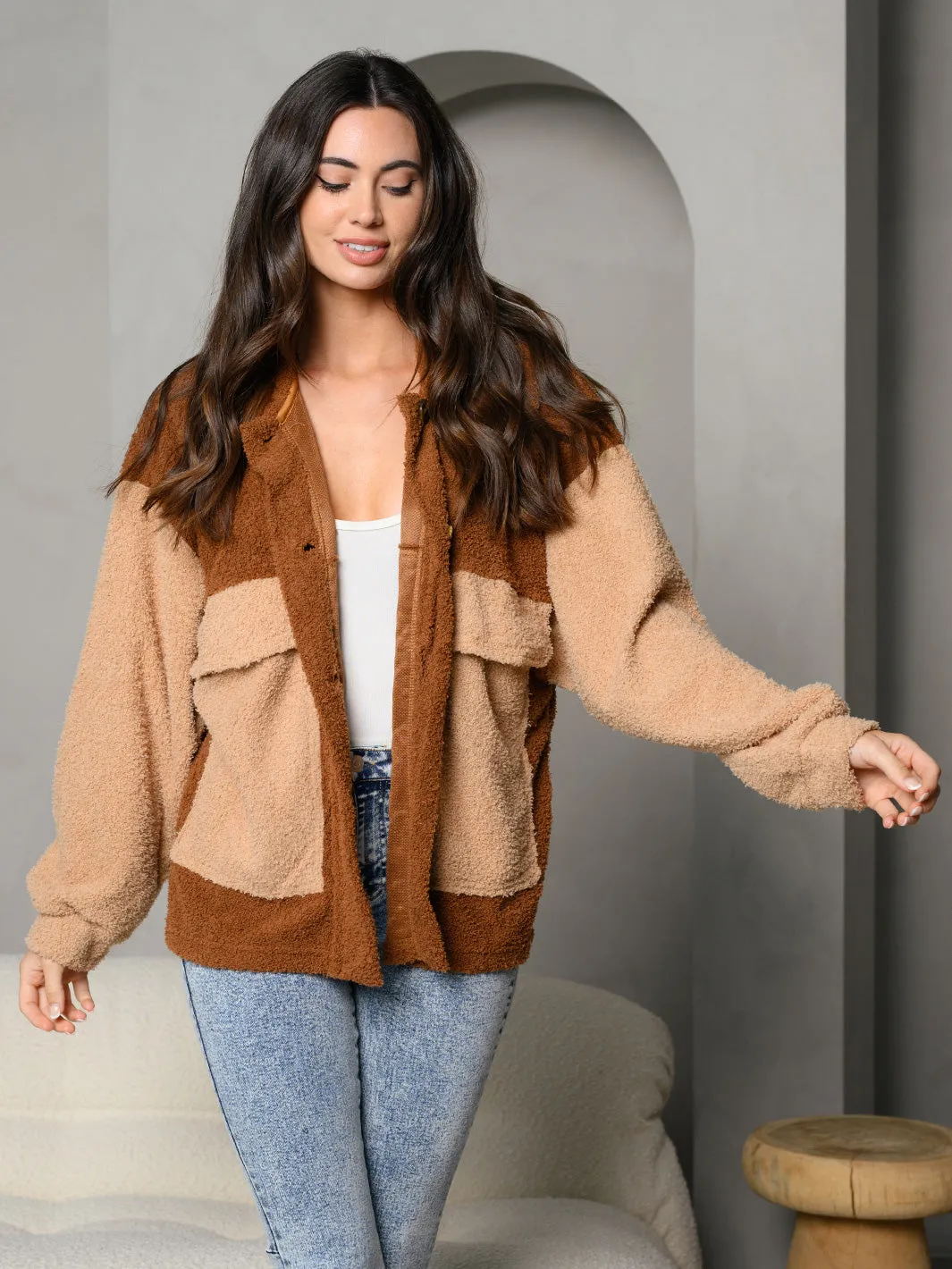 WOMEN'S COLAR BUTTON DOWN FUZZY COLOR BLOCK LONG SLEEVE JACKET