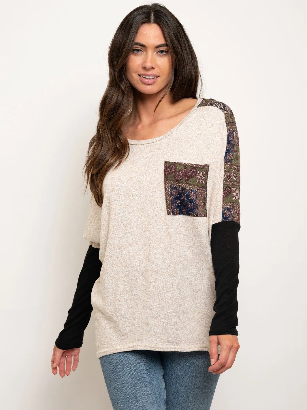 WOMEN'S DOLMAN CONTRAST LONG SLEEVE TOP
