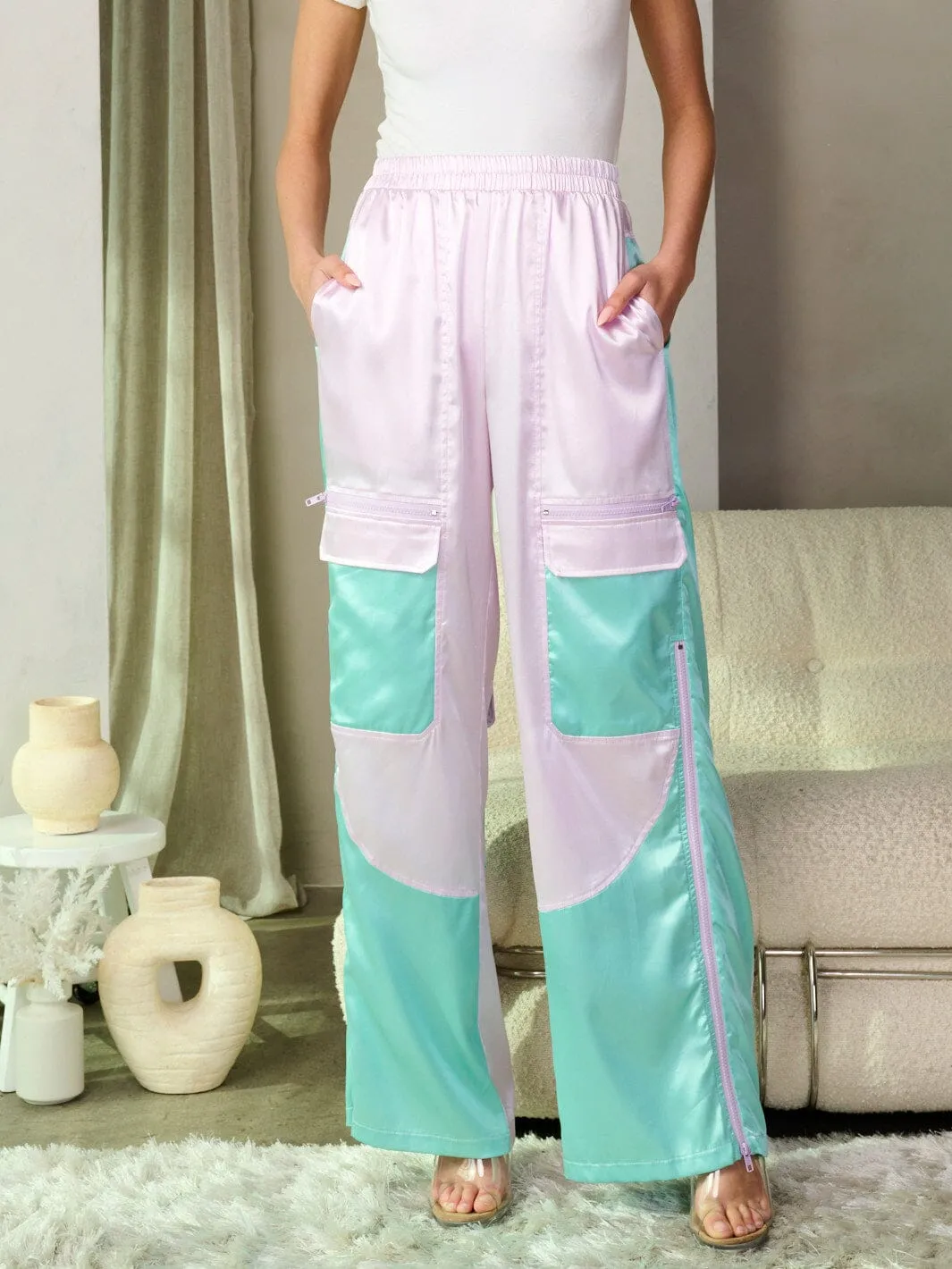 WOMEN'S ELASTIC WAIST POCKETS COLORBLOCK ZIPPER DETAILED WIDE LEG PANTS