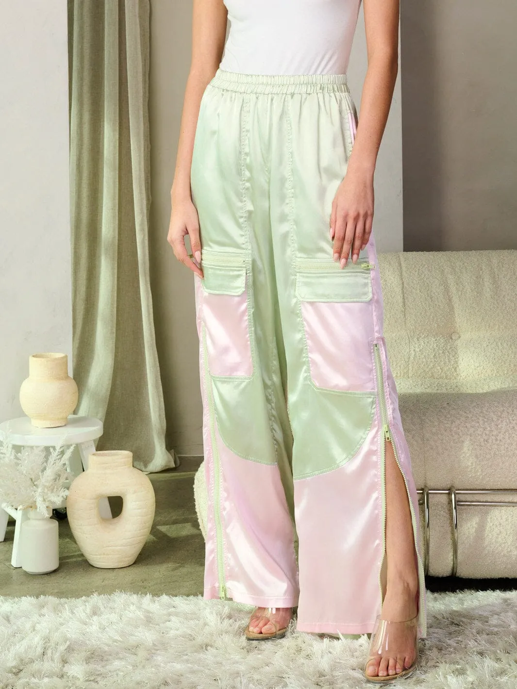 WOMEN'S ELASTIC WAIST POCKETS COLORBLOCK ZIPPER DETAILED WIDE LEG PANTS