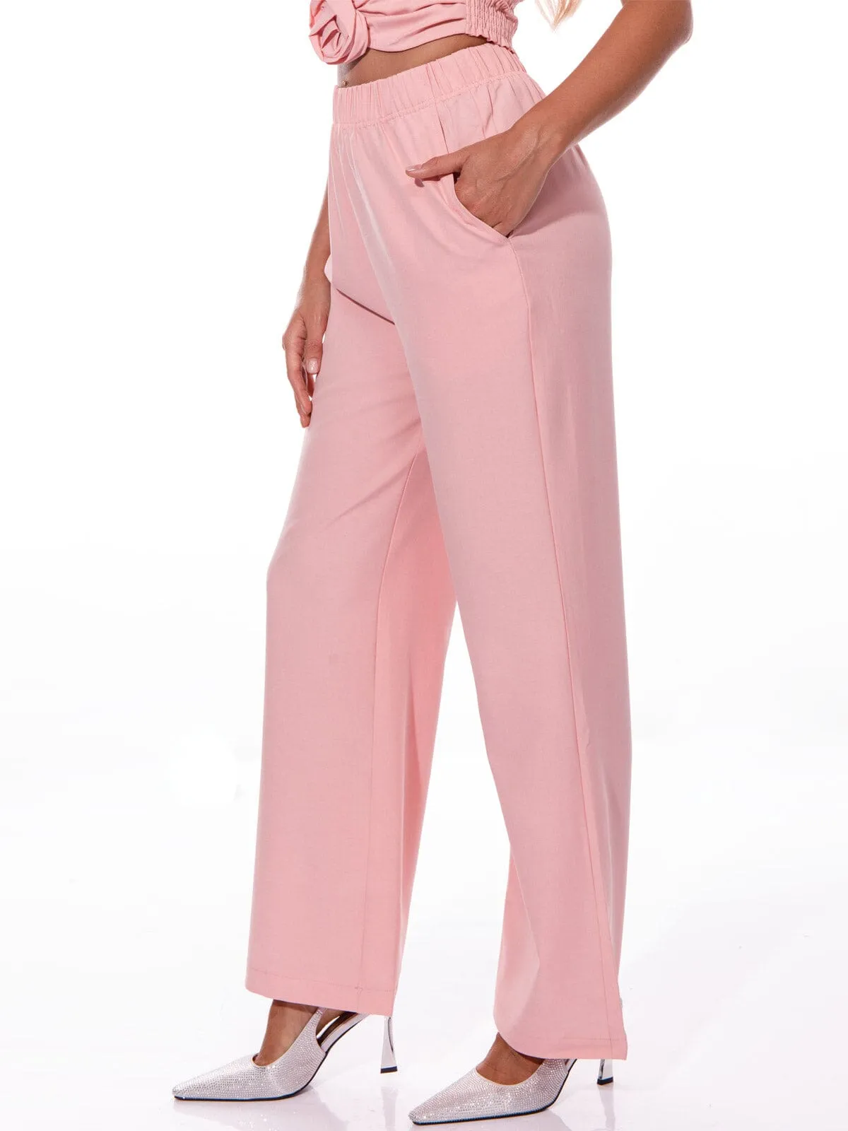WOMEN'S ELASTIC WAIST POCKETS WIDE LEG PANTS