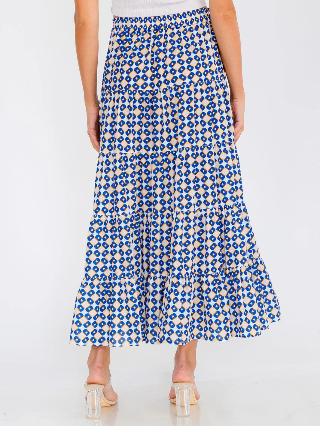 WOMEN'S ELASTIC WAIST TIERED POCKETS MULTI PRINT MAXI SKIRT