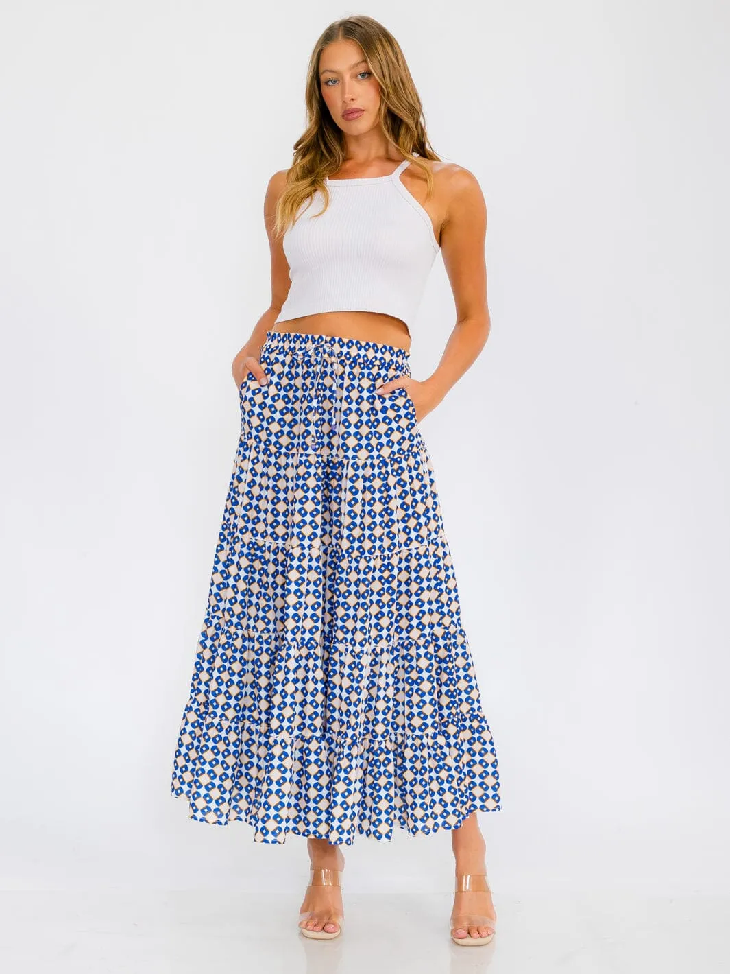 WOMEN'S ELASTIC WAIST TIERED POCKETS MULTI PRINT MAXI SKIRT