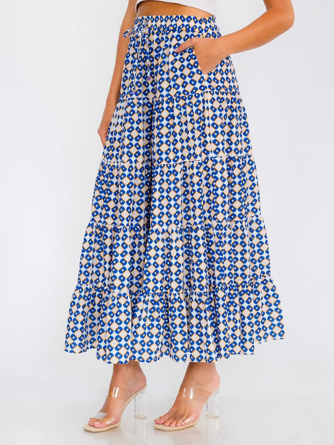 WOMEN'S ELASTIC WAIST TIERED POCKETS MULTI PRINT MAXI SKIRT