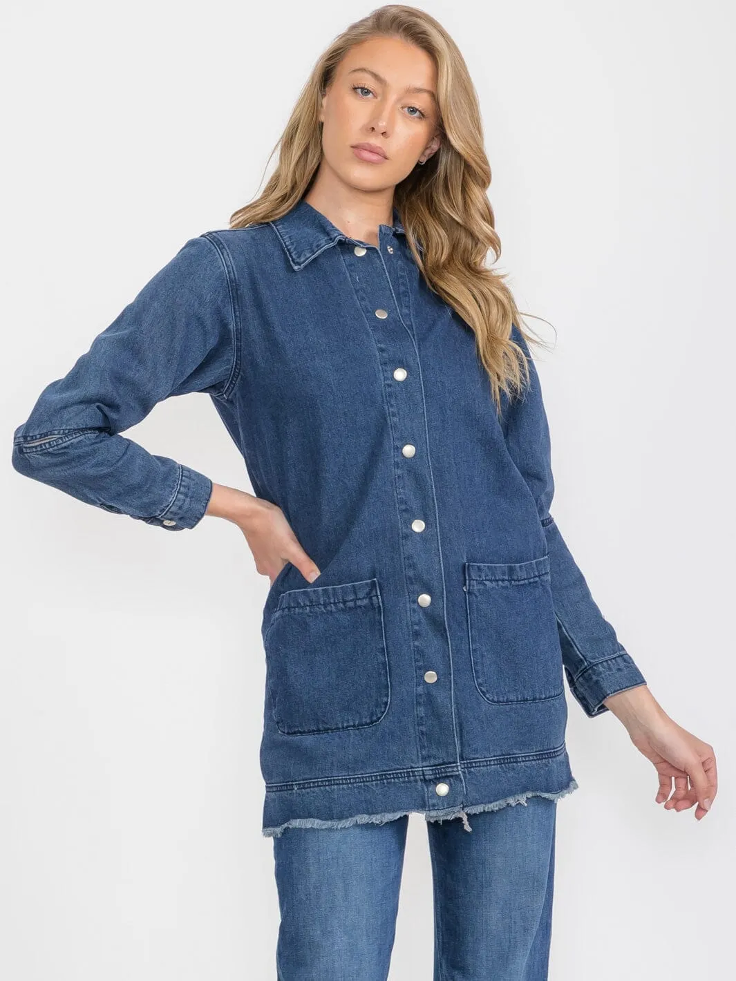 WOMEN'S LONG CUT OUT SLEEVE BUTTON UP FRONT POCKETS DENIM JACKET