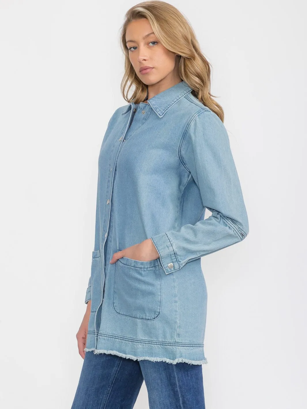 WOMEN'S LONG CUT OUT SLEEVE BUTTON UP FRONT POCKETS DENIM JACKET