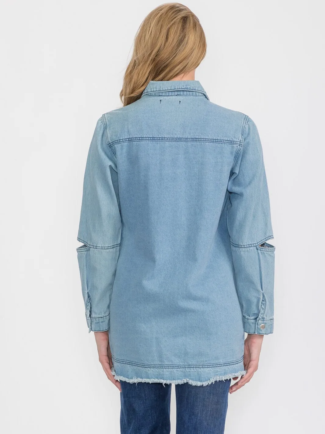 WOMEN'S LONG CUT OUT SLEEVE BUTTON UP FRONT POCKETS DENIM JACKET