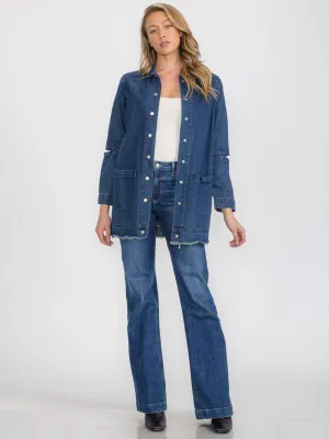 WOMEN'S LONG CUT OUT SLEEVE BUTTON UP FRONT POCKETS DENIM JACKET