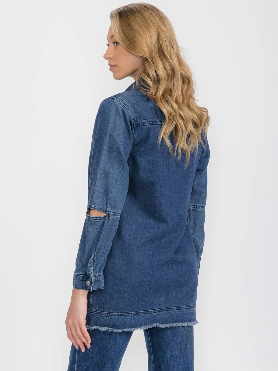 WOMEN'S LONG CUT OUT SLEEVE BUTTON UP FRONT POCKETS DENIM JACKET