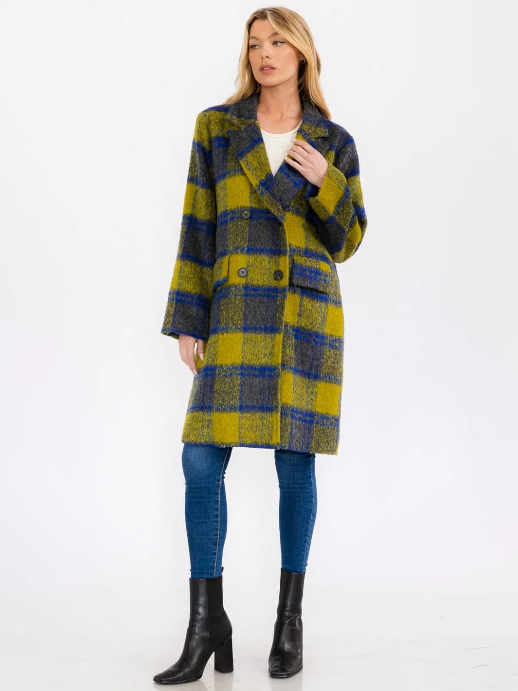 WOMEN'S LONG SLEEVE BUTTON CLOSURE FRONT POCKETS PLAID COAT