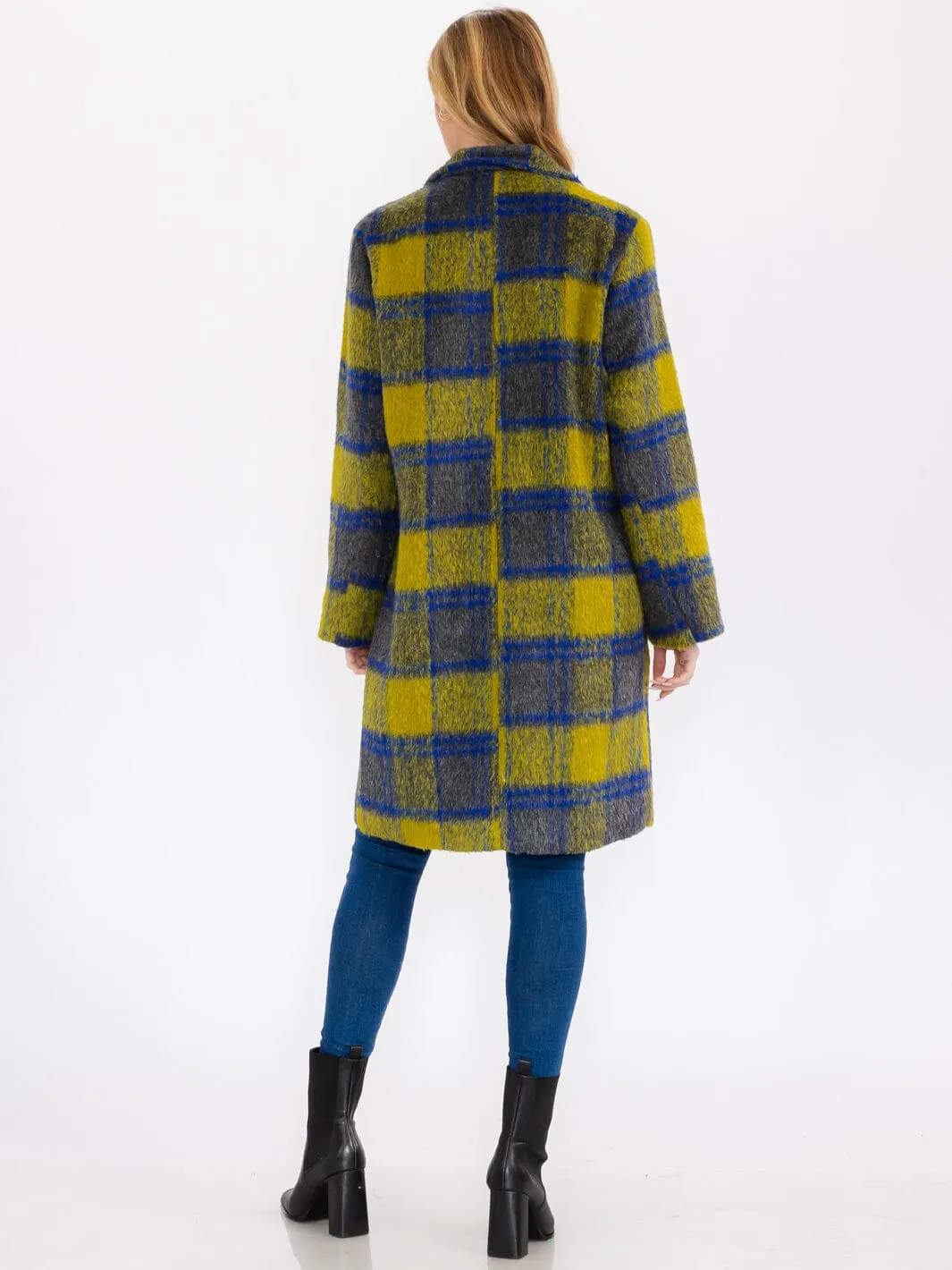 WOMEN'S LONG SLEEVE BUTTON CLOSURE FRONT POCKETS PLAID COAT