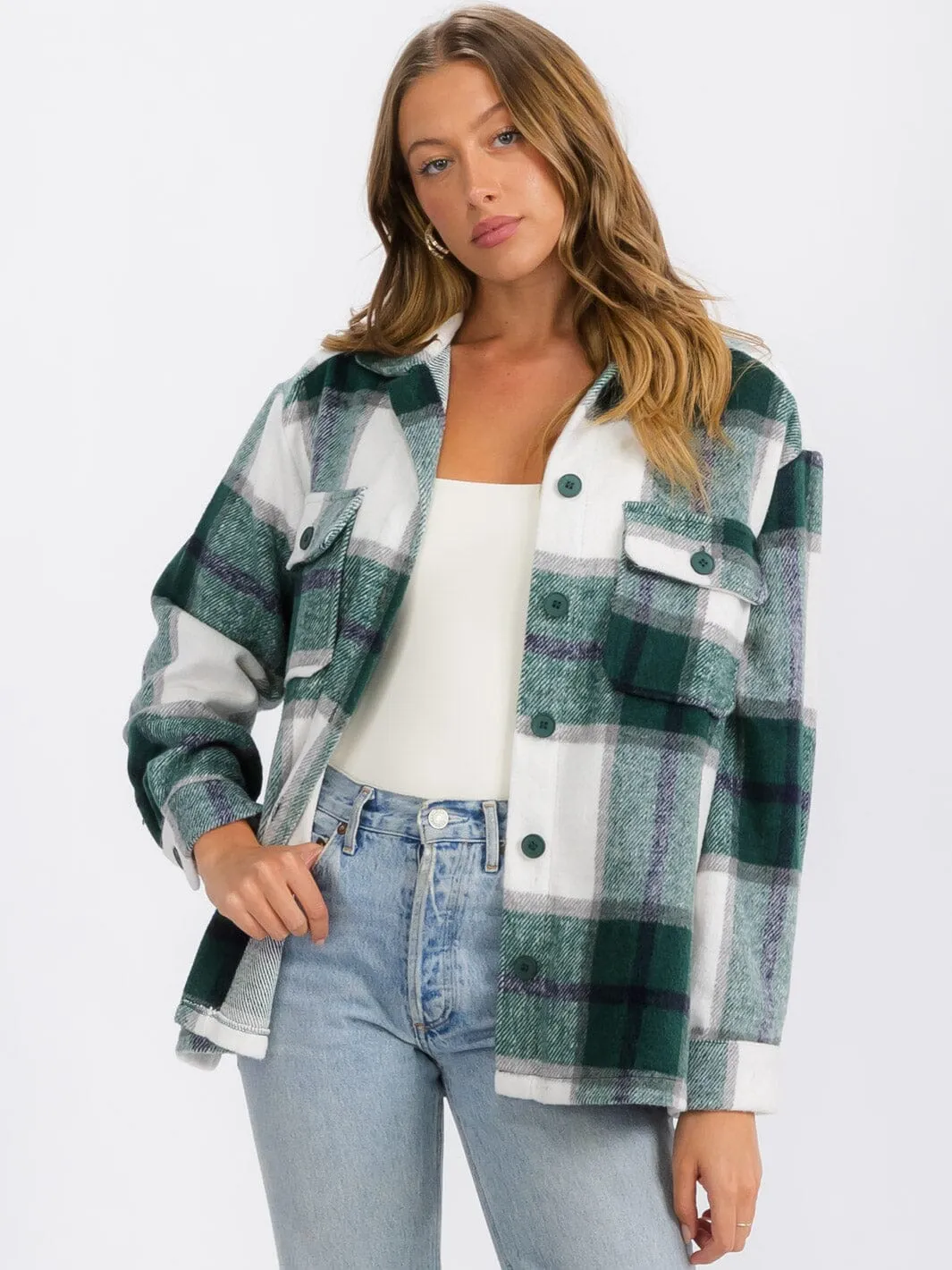 WOMEN'S LONG SLEEVE BUTTON CLOSURE FRONT POCKETS PLAID JACKET
