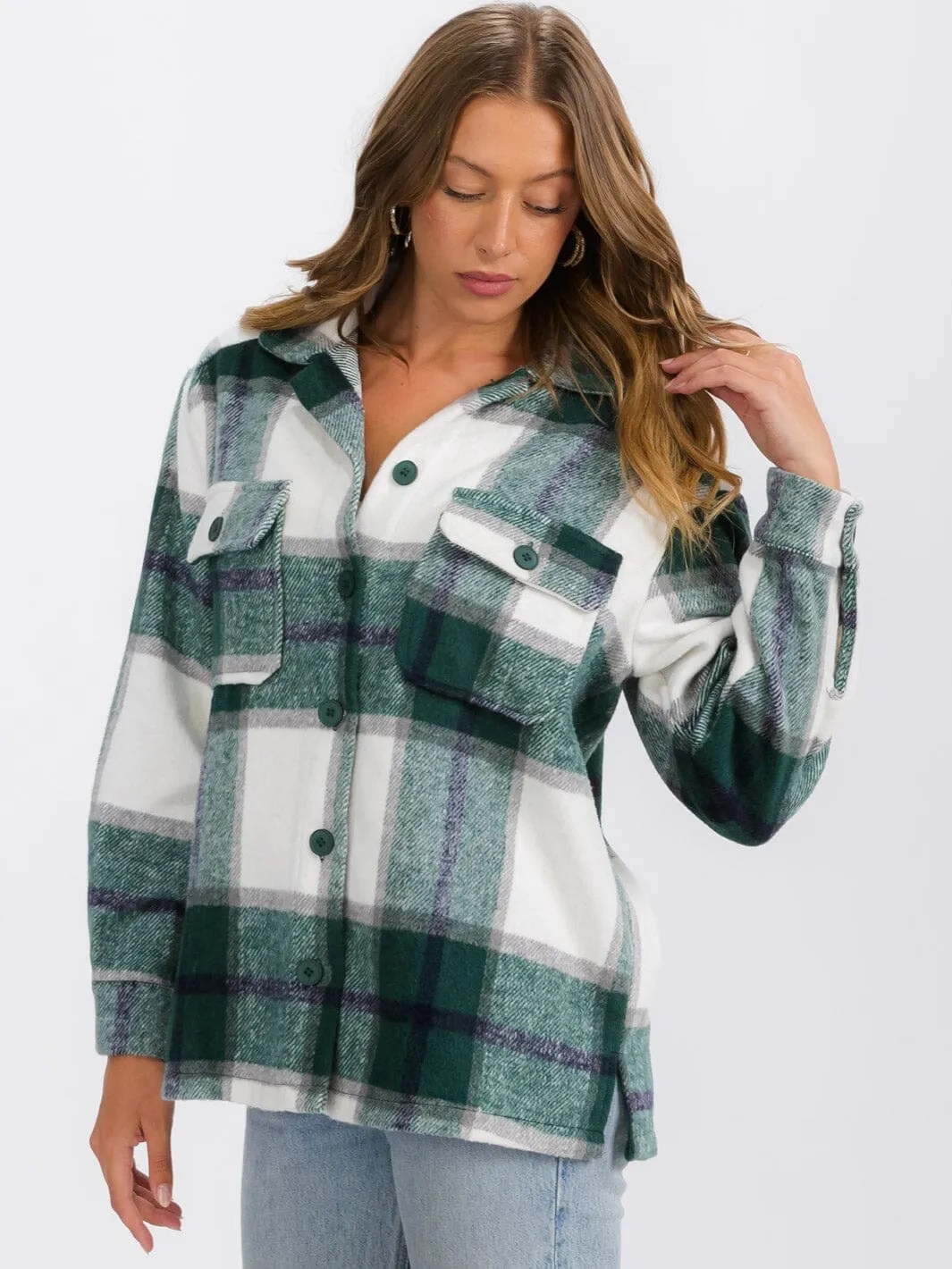 WOMEN'S LONG SLEEVE BUTTON CLOSURE FRONT POCKETS PLAID JACKET