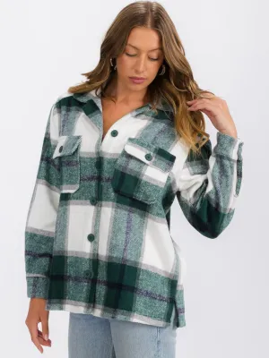 WOMEN'S LONG SLEEVE BUTTON CLOSURE FRONT POCKETS PLAID JACKET