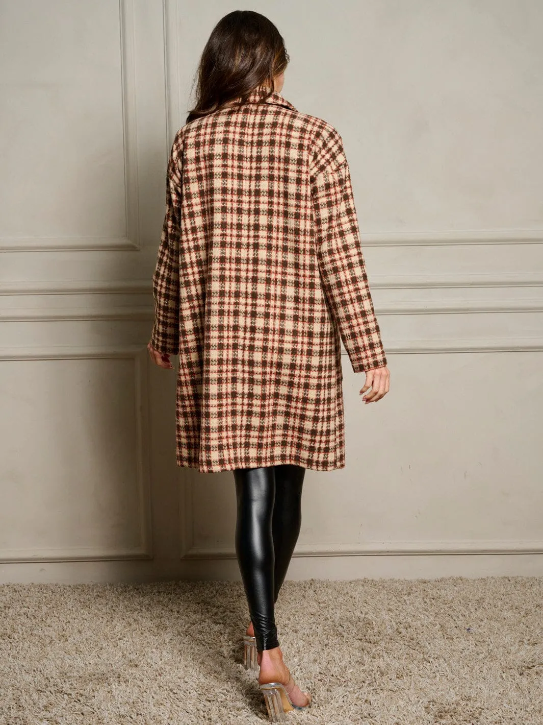 WOMEN'S LONG SLEEVE BUTTON CLOSURE POCKETS PLAID COAT
