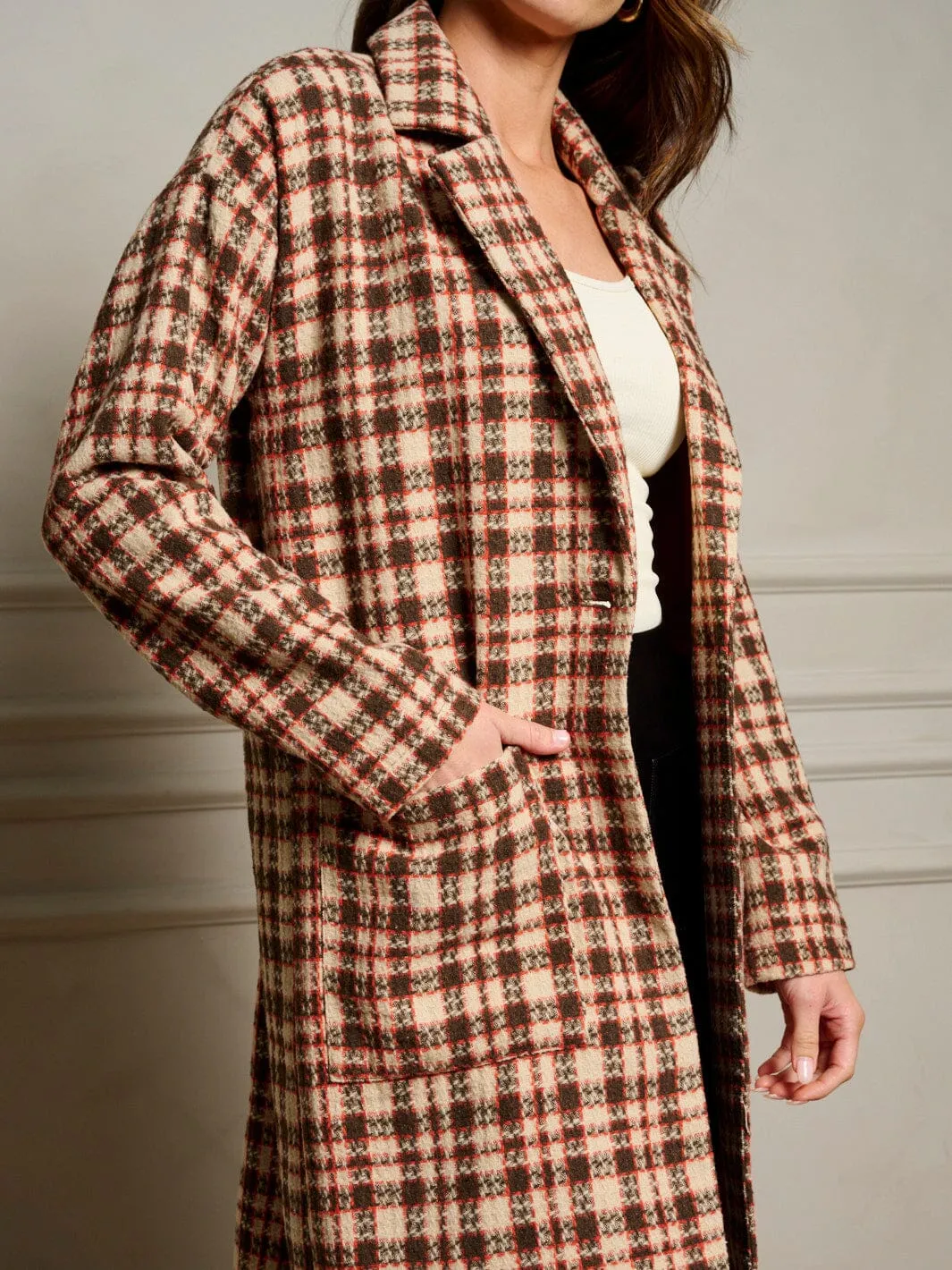 WOMEN'S LONG SLEEVE BUTTON CLOSURE POCKETS PLAID COAT