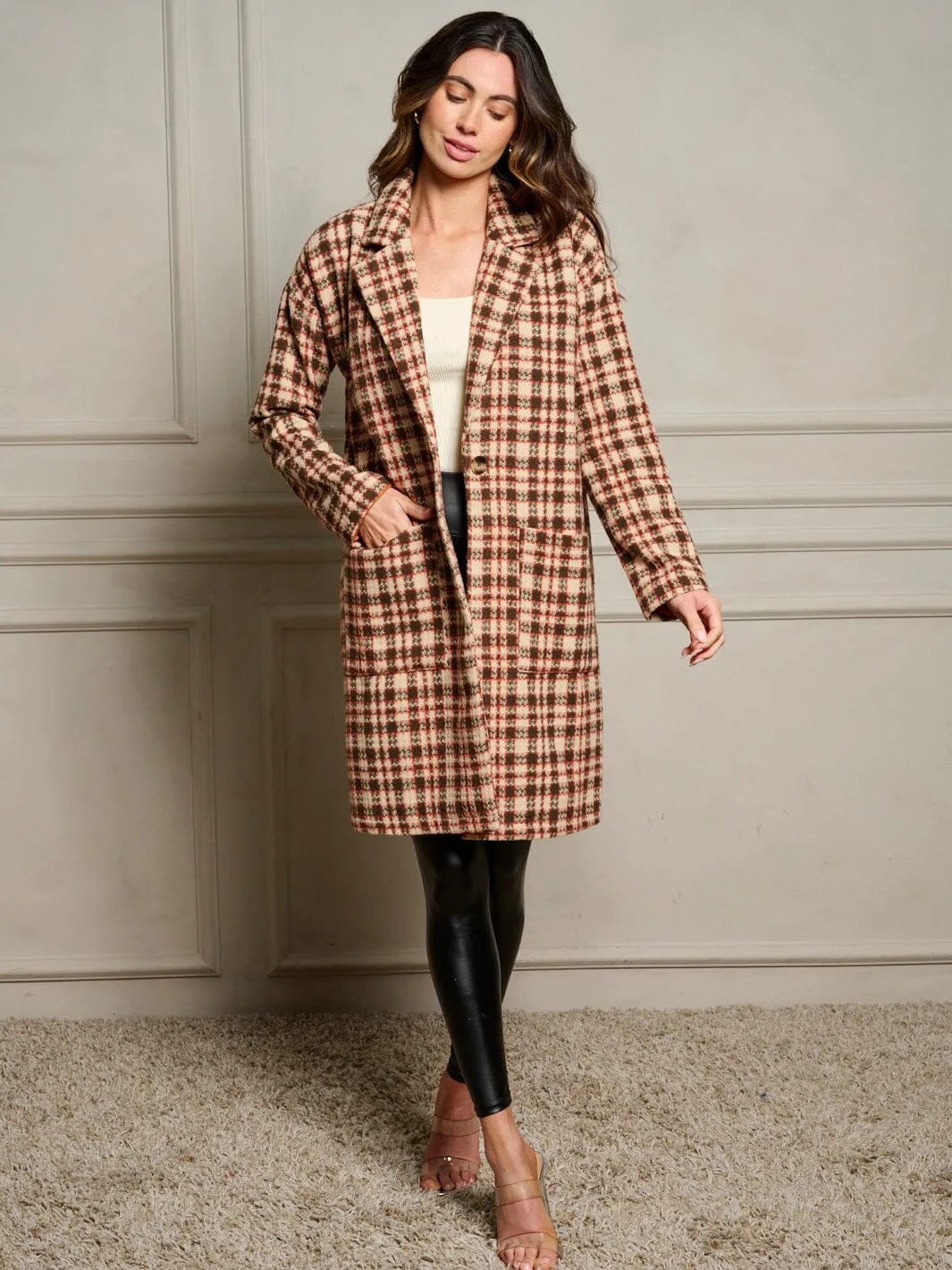 WOMEN'S LONG SLEEVE BUTTON CLOSURE POCKETS PLAID COAT