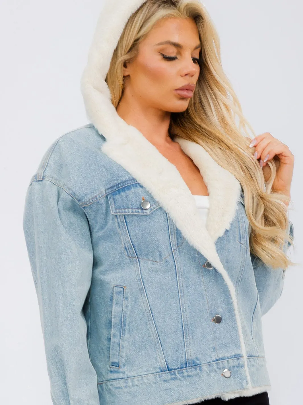 WOMEN'S LONG SLEEVE BUTTON CLOSURE POCKETS SHERPA DENIM JACKET