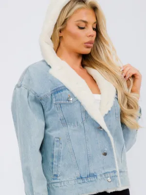 WOMEN'S LONG SLEEVE BUTTON CLOSURE POCKETS SHERPA DENIM JACKET