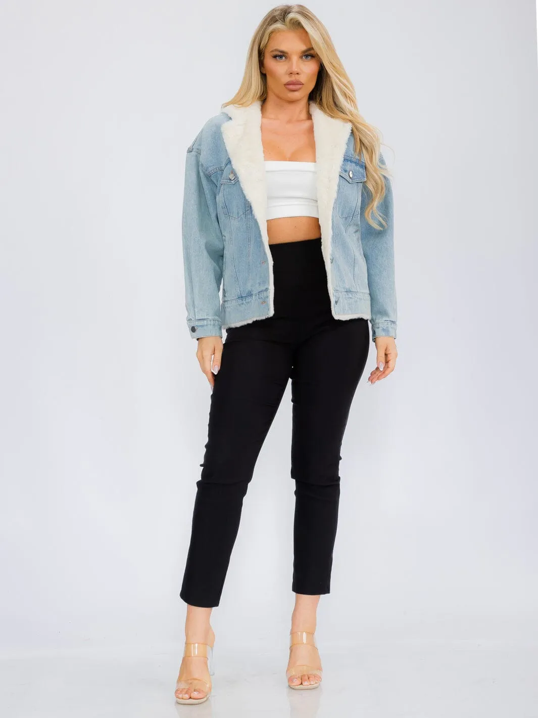 WOMEN'S LONG SLEEVE BUTTON CLOSURE POCKETS SHERPA DENIM JACKET