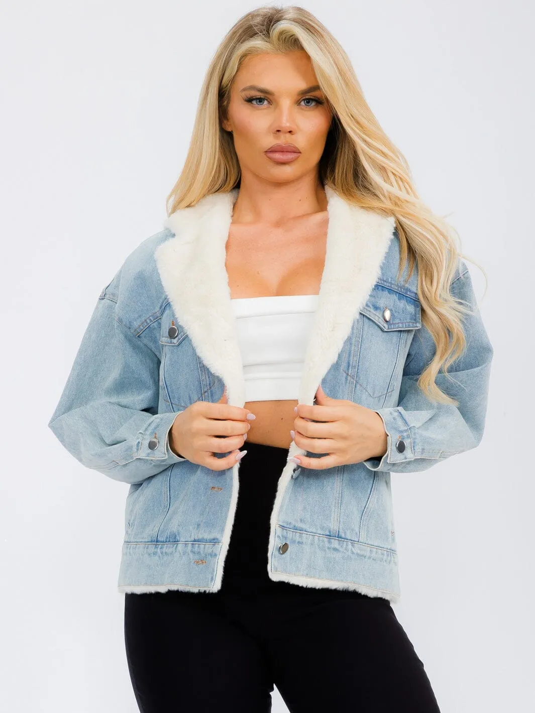 WOMEN'S LONG SLEEVE BUTTON CLOSURE POCKETS SHERPA DENIM JACKET