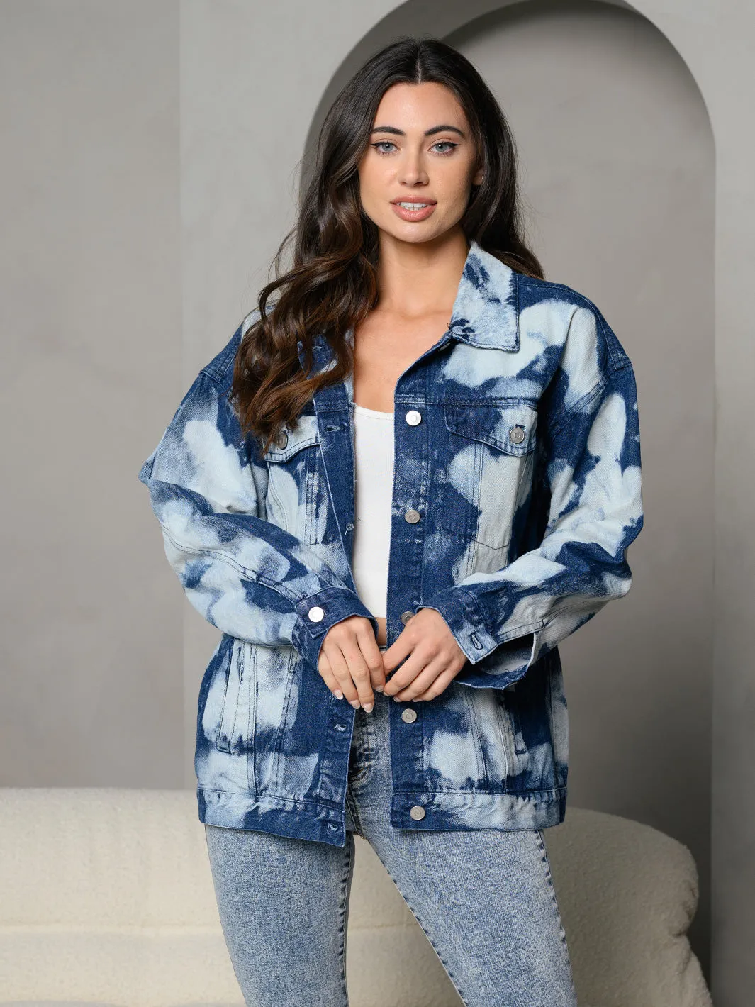 WOMEN'S LONG SLEEVE BUTTON UP DENIM TIE DYE  JACKET