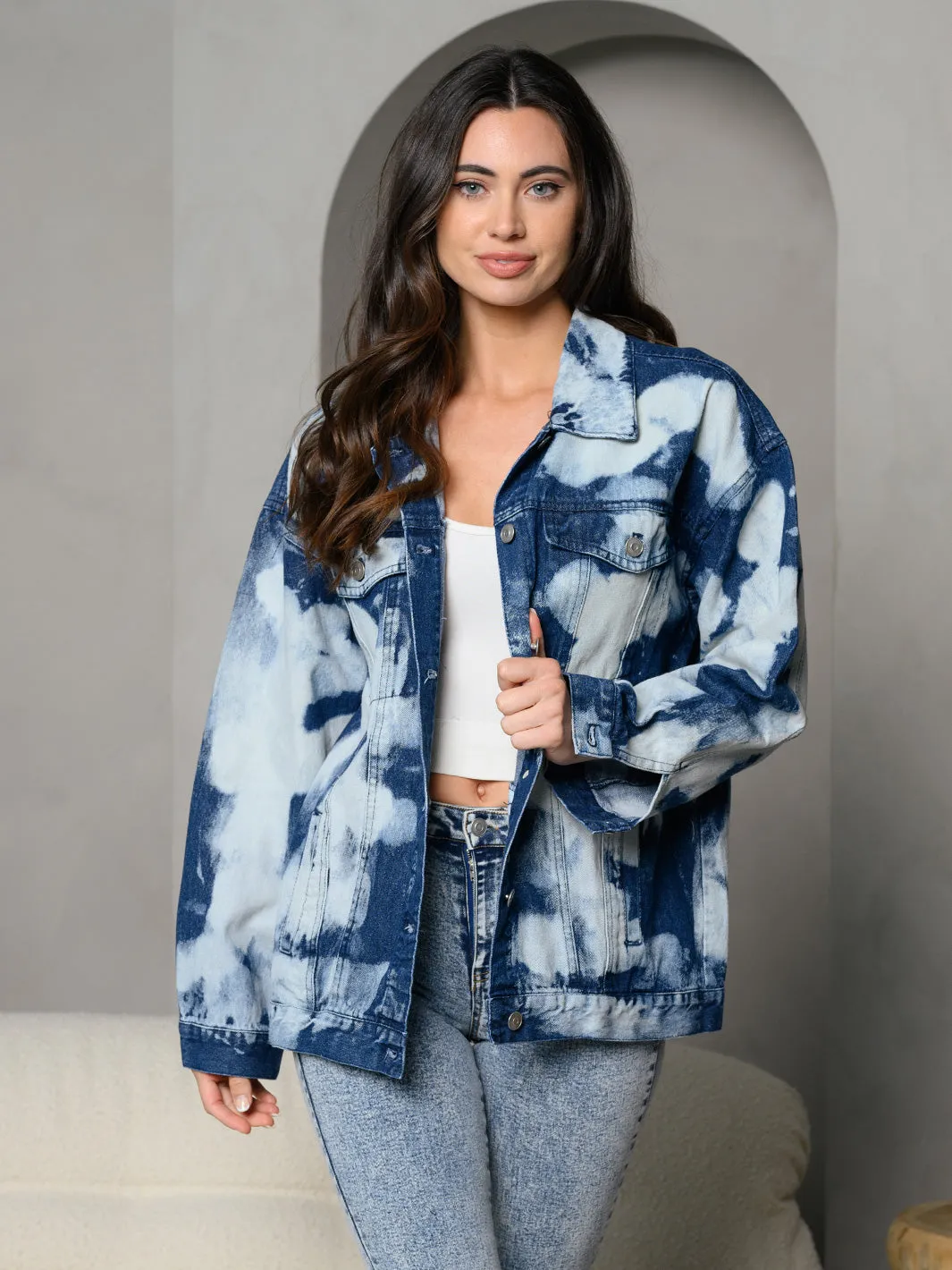 WOMEN'S LONG SLEEVE BUTTON UP DENIM TIE DYE  JACKET