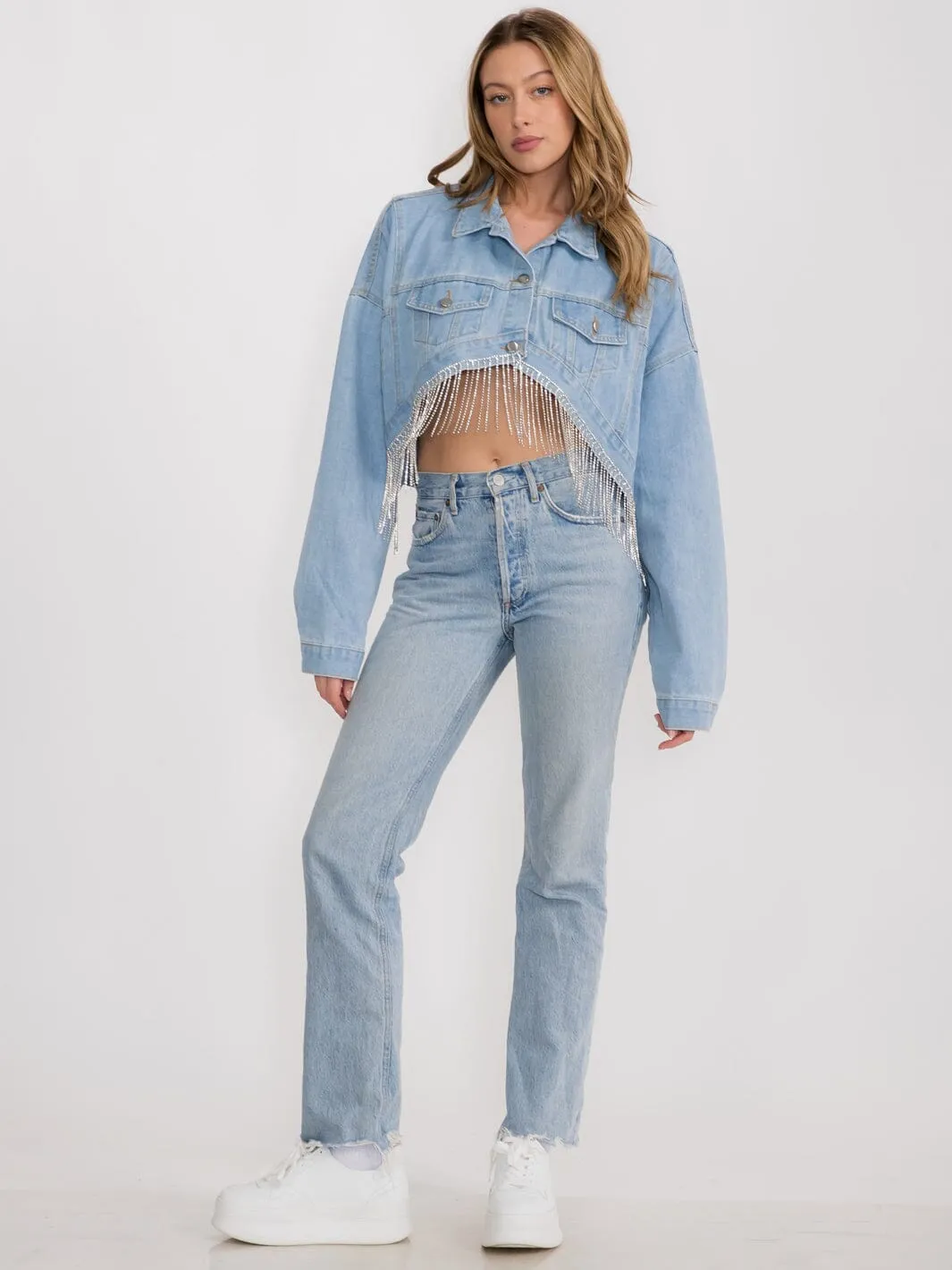 WOMEN'S LONG SLEEVE BUTTON UP FRINGE POCKETS DENIM HIGH-LOW CROP JACKET