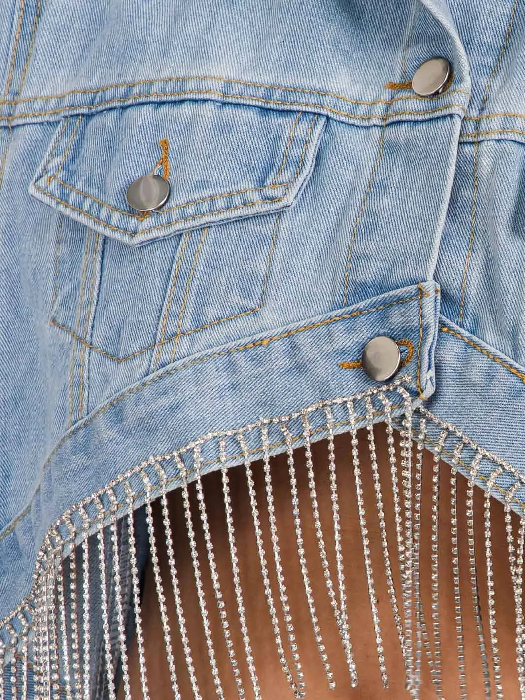 WOMEN'S LONG SLEEVE BUTTON UP FRINGE POCKETS DENIM HIGH-LOW CROP JACKET