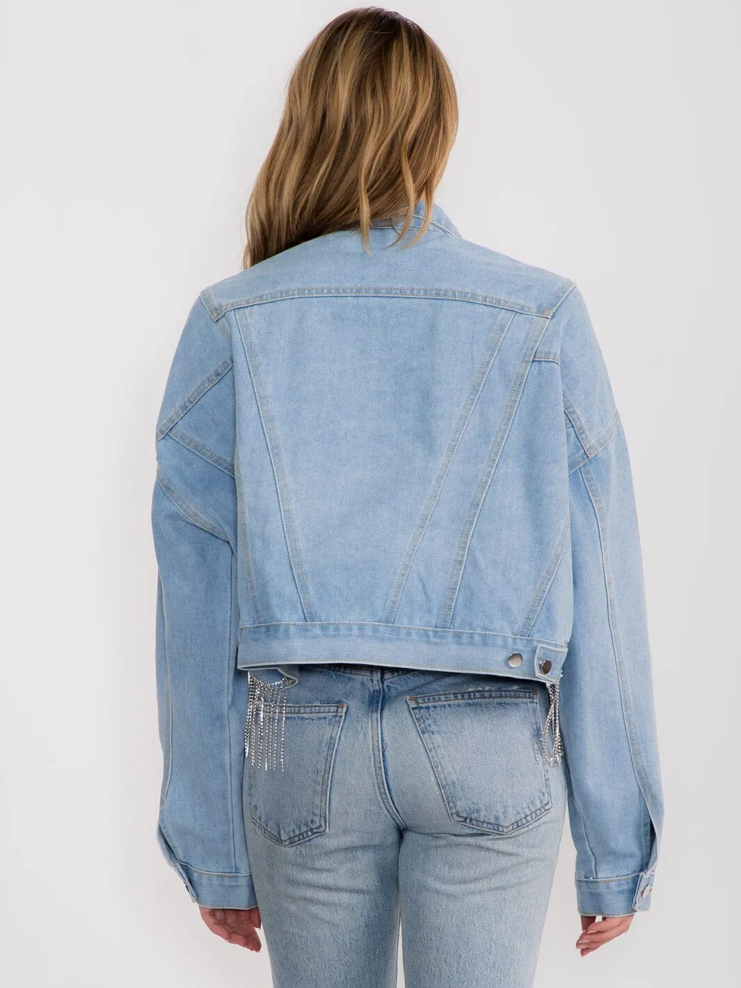 WOMEN'S LONG SLEEVE BUTTON UP FRINGE POCKETS DENIM HIGH-LOW CROP JACKET