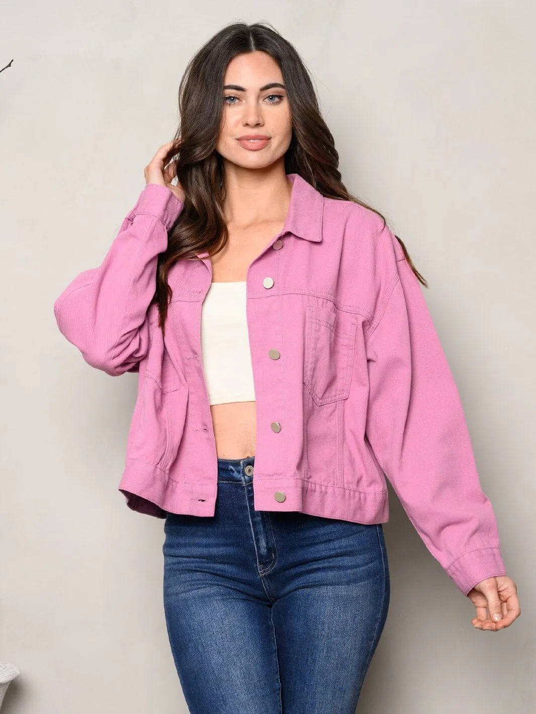 WOMEN'S LONG SLEEVE BUTTON UP FRONT POCKETS DENIM JACKET