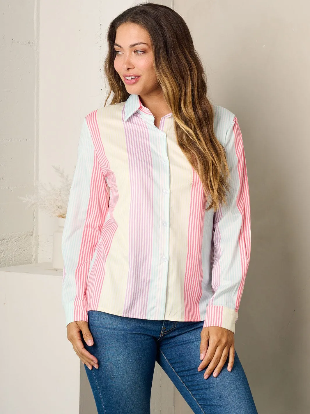 WOMEN'S LONG SLEEVE BUTTON UP MULTI COLOR STRIPES TOP