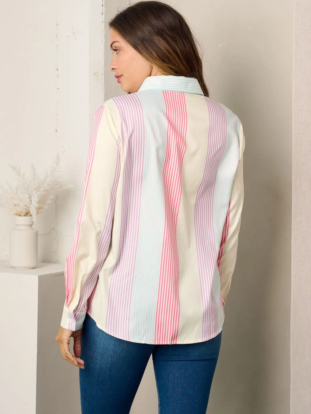 WOMEN'S LONG SLEEVE BUTTON UP MULTI COLOR STRIPES TOP