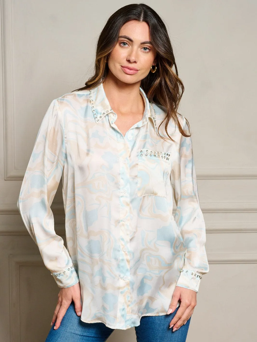 WOMEN'S LONG SLEEVE BUTTON UP STUDS DETAILED BLOUSE TOP